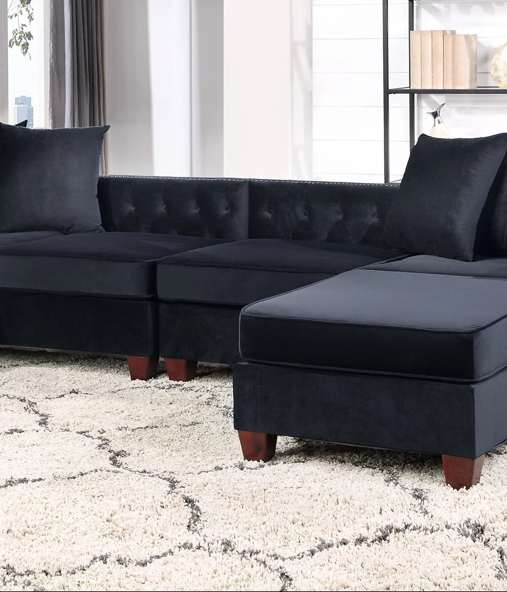 Black Velvet 4pc U-Sectional with Reversible Chaise and Ottoman Q363