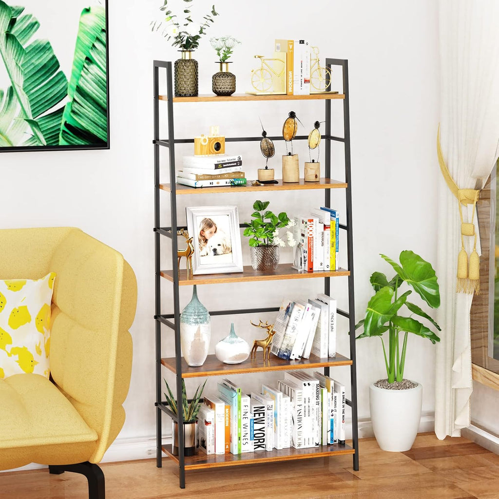 5-Tier Brown Wood Bookcase with Metal Frame D577372