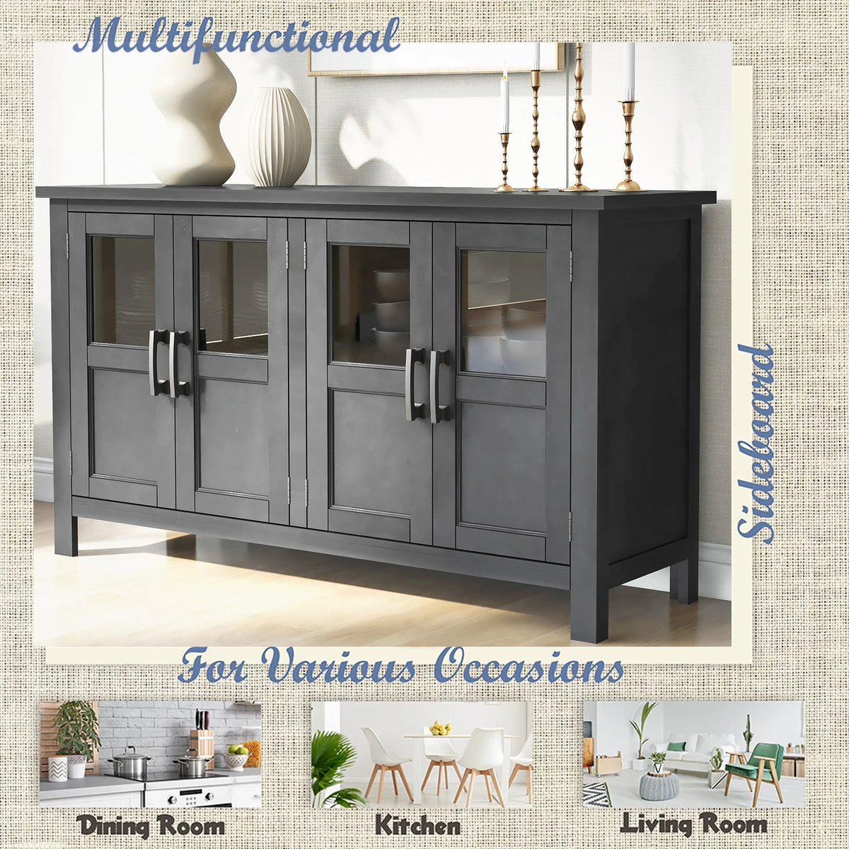 Gray 4 Door Buffet Cabinet with Adjustable Shelves H24990