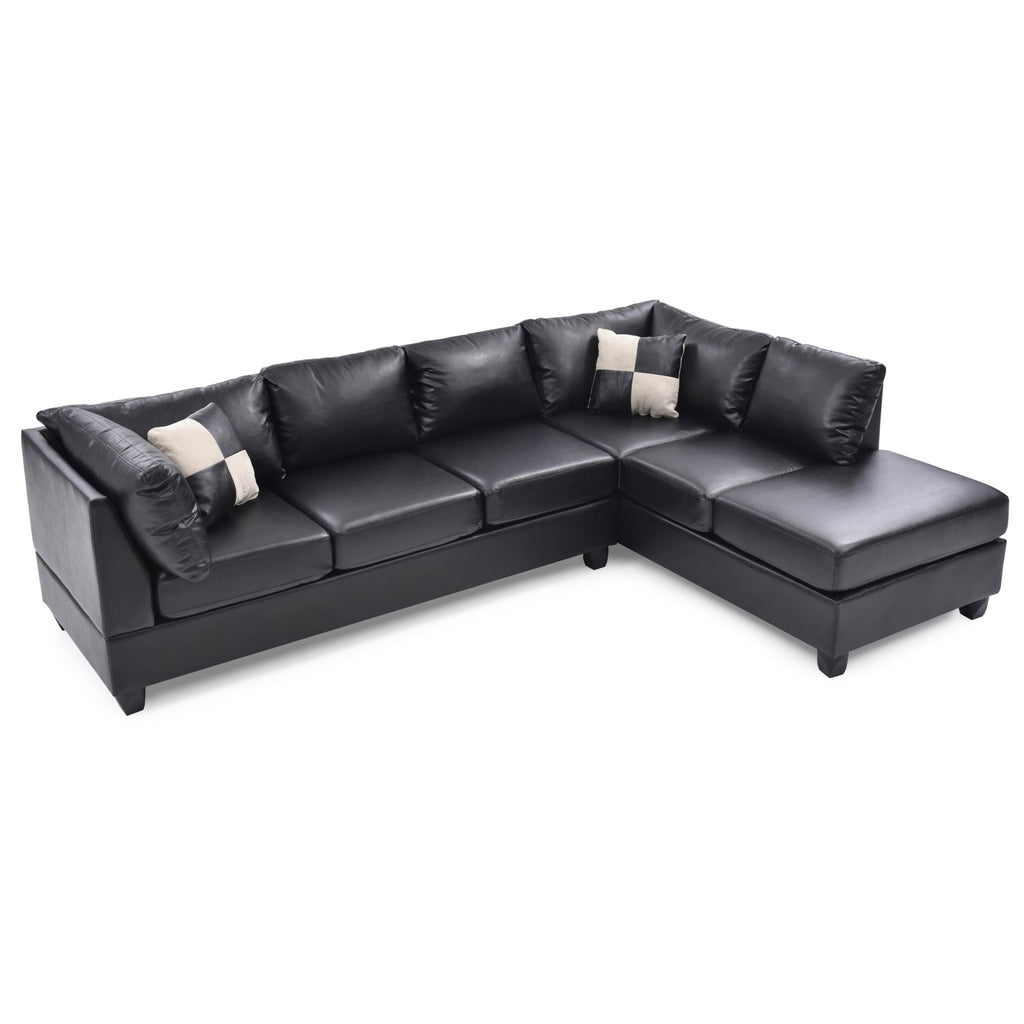 Black Faux Leather 4-Seater Sectional Sofa with 2-Throw Pillow Q59914