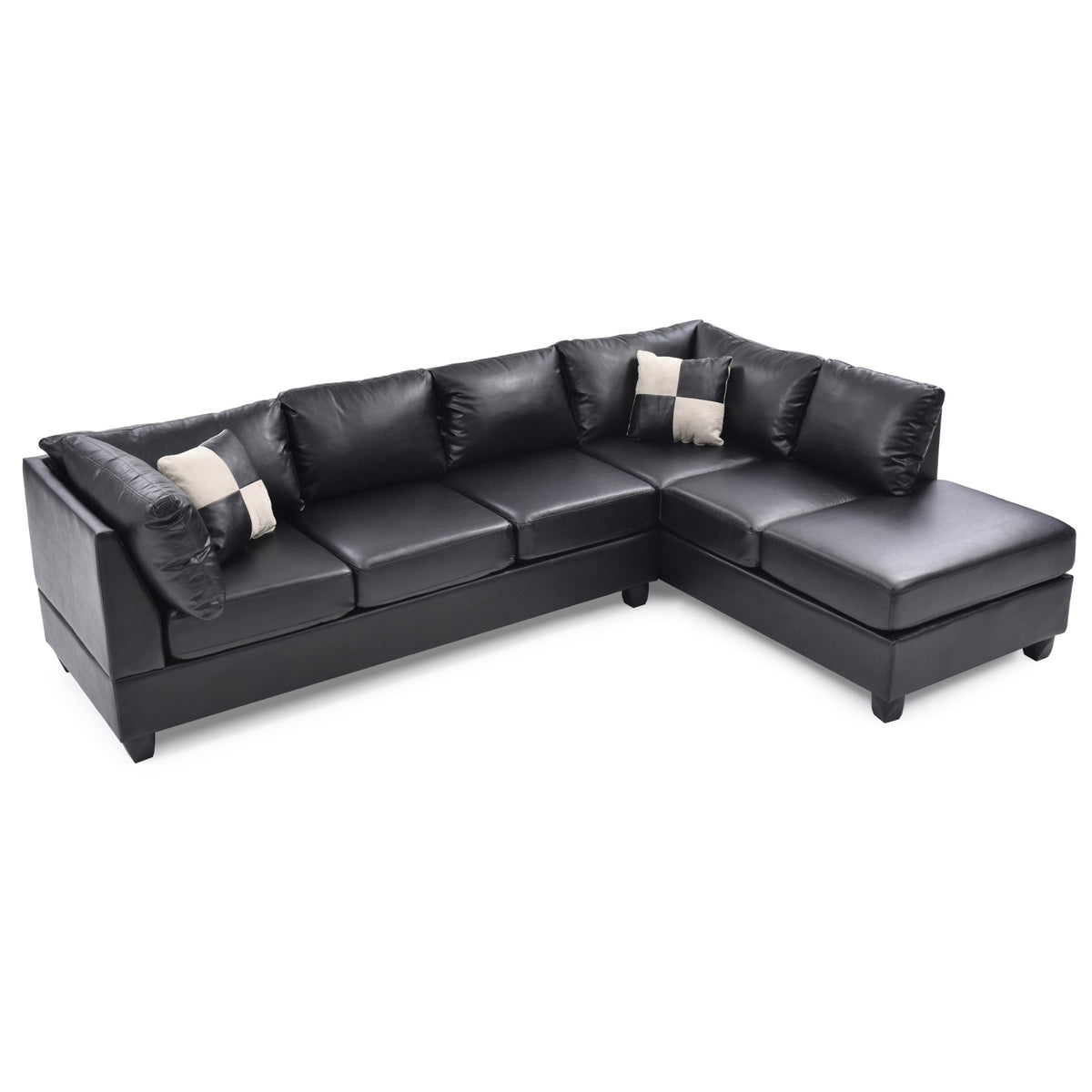 Black Faux Leather 4-Seater Sectional Sofa with 2-Throw Pillow Q59914