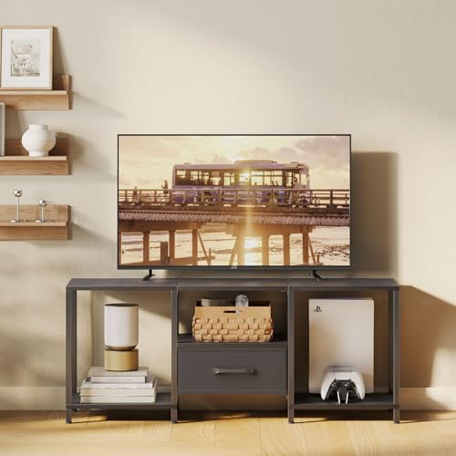 Black TV Stand with Fabric Drawer and Open Shelves D5907