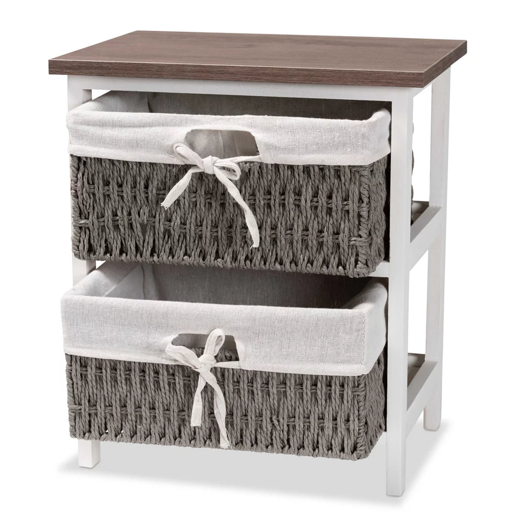 Walnut Brown and White Wood 2-Basket Storage Unit P84734