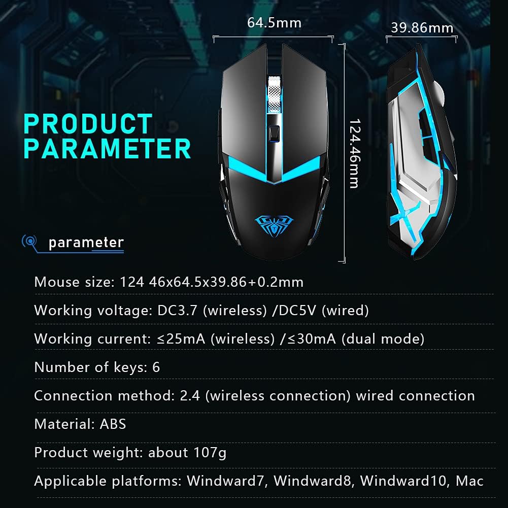 LED Wireless Gaming Mouse, 2.4G Rechargeable Ergonomic Optical, Black Pack of 2 A6970