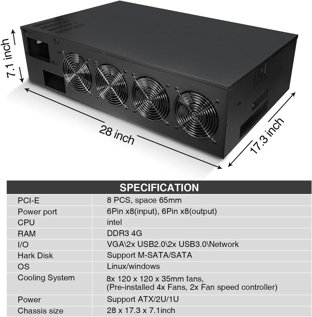 8 Ports GPU Mining Frame Case with 4 Cooling Fans Black F552427