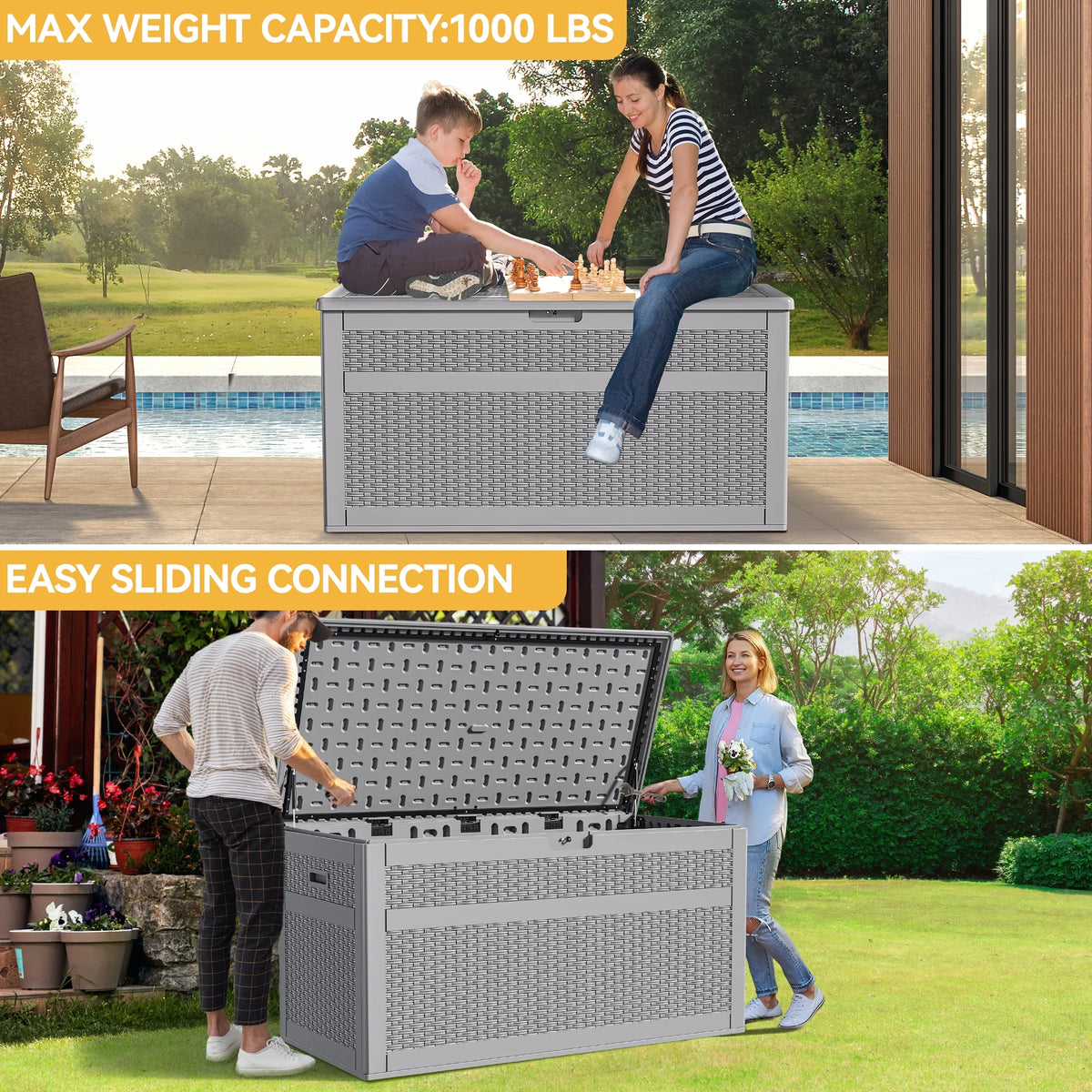 230 Gallon Grey Resin Rattan Outdoor Storage Box W543836