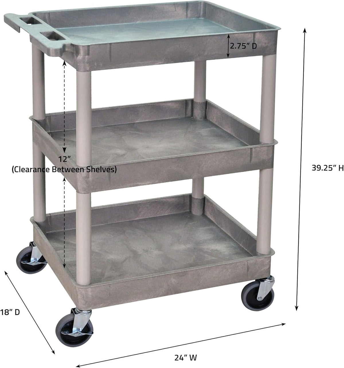 Mobile Utility Tub Cart with 3 Shelves and Push Handle Gray M788998