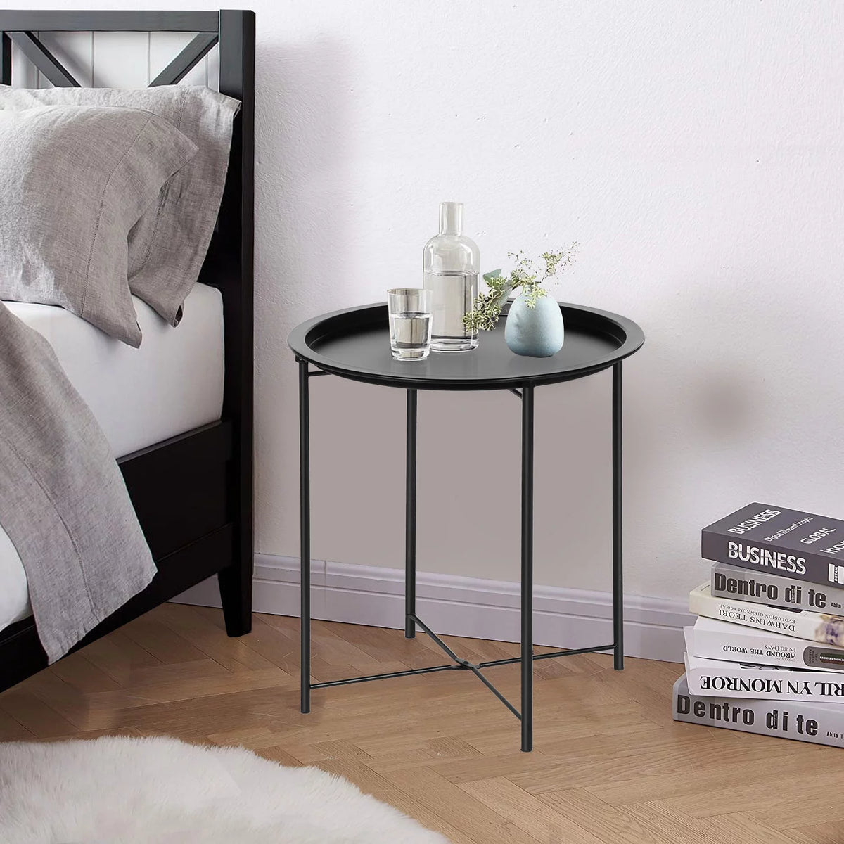 Set of 2 Round Folding Metal Side Table with Removable Tray, Black Z289801