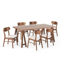 Light Beige and Walnut 7 Piece Fabric Upholstered Wood Dining Set U5253