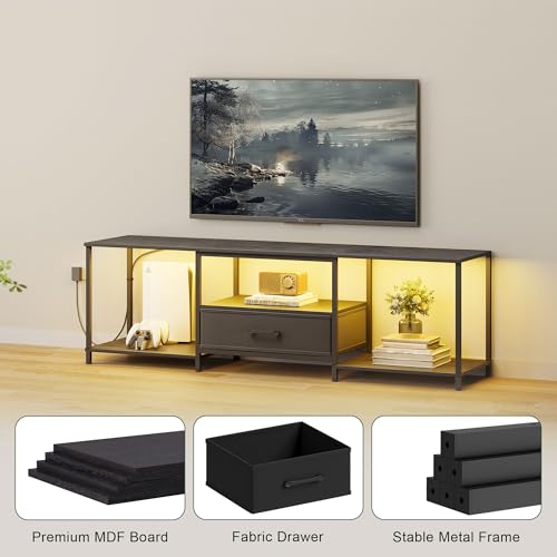Black TV Stand with Fabric Drawer and Open Shelves D5907