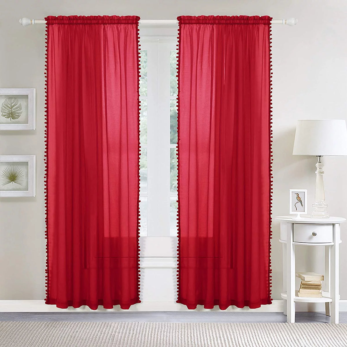 Semi-Sheer Curtains with Pom Pom Tassels 2 Piece Set 60 X 84 Red R824803