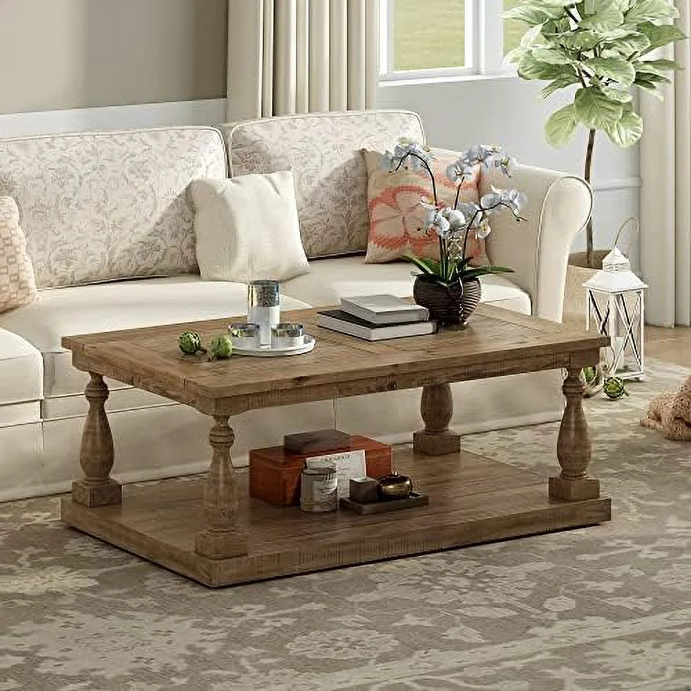Yellow Brown Solid Pine Wood Coffee Table with Storage Shelf N35701