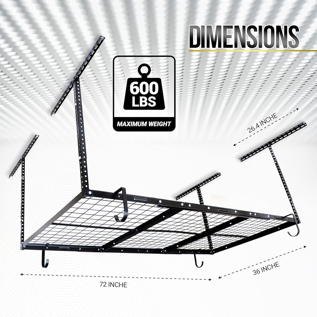 Overhead Garage Shelving Storage Rack, Adjustable 3’ x 6’, Heavy Duty Mounted Storage Shelves with 4 Flat Hooks E88559