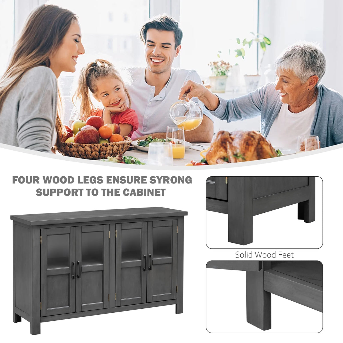 Gray 4 Door Buffet Cabinet with Adjustable Shelves H24990