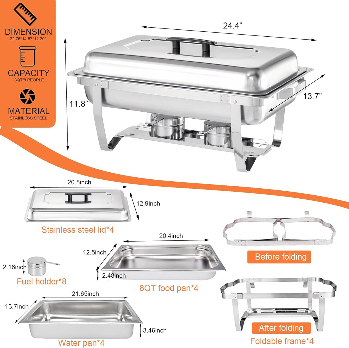 8 Quart Stainless Steel Chafer Buffet Set - 4 Pack X8197