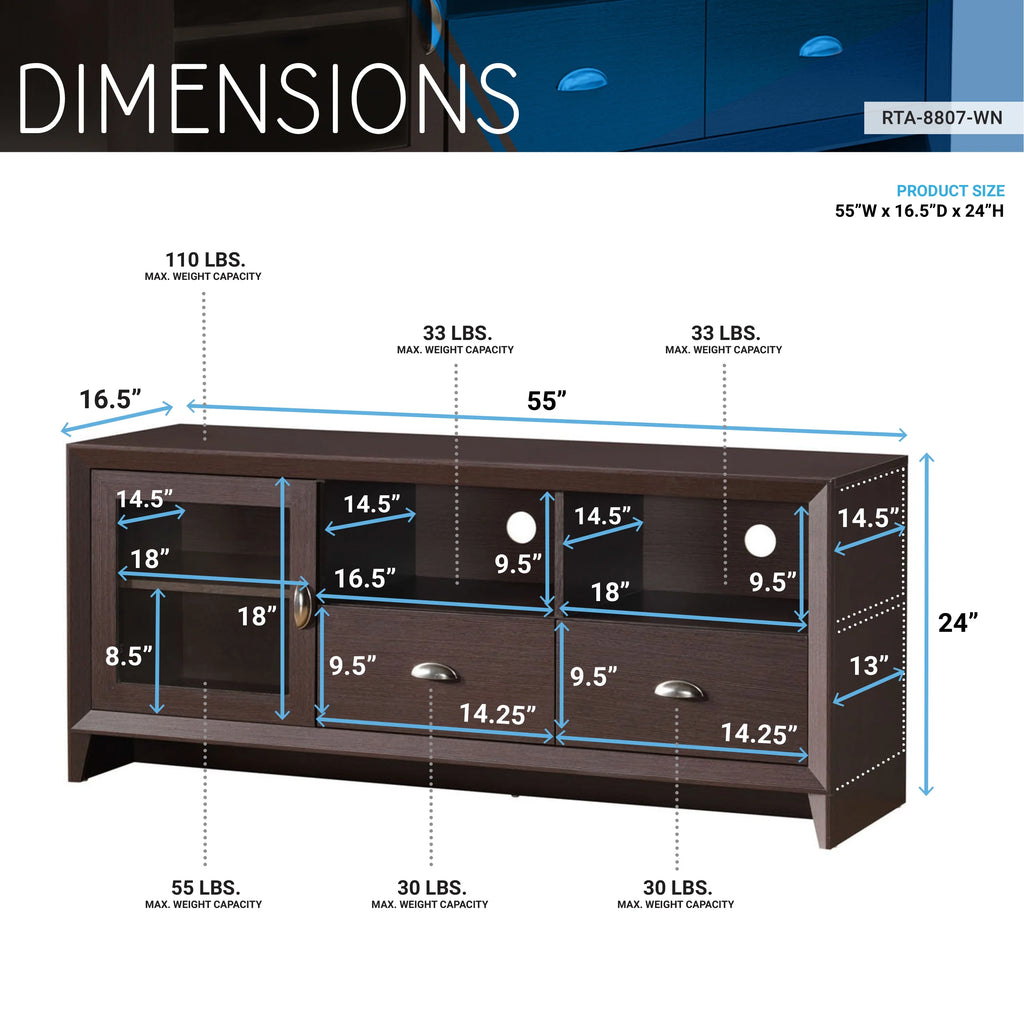 55" Modern TV Stand with Storage, Wenge Brown C1171