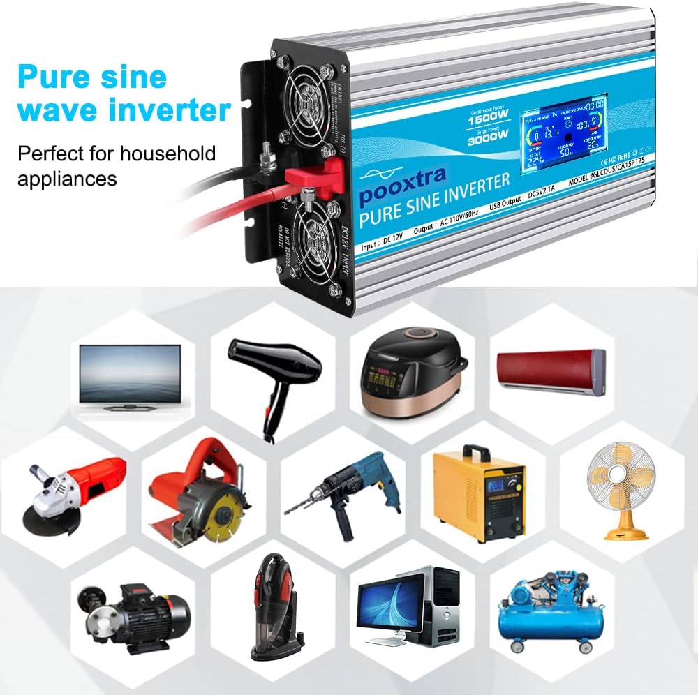 1500 Watt Pure Sine Wave Power Inverter 12V DC to 110V AC with LCD Display USB Port 4 AC Outlets X759