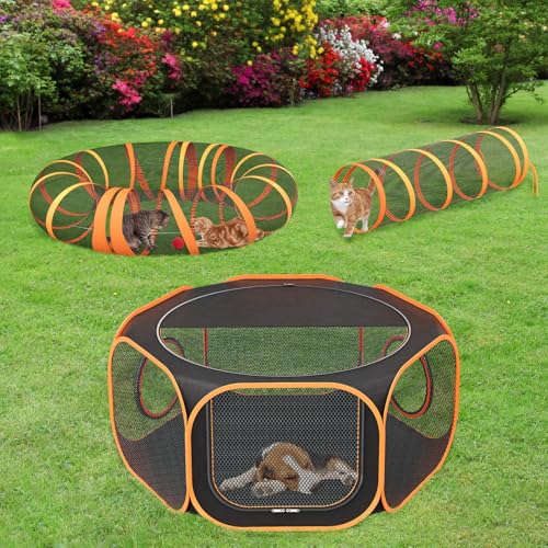 Portable Collapsible Cat Enclosure with Shade Cover 2 Tunnels Q381