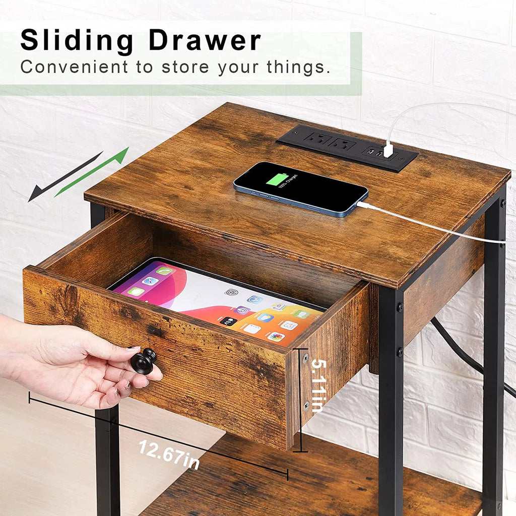 Rustic Brown Nightstand End Table with Charging Station G5725