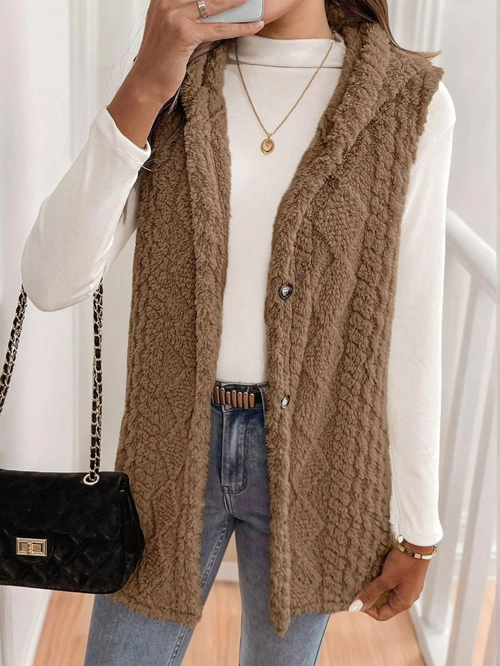 Oversized Fleece Hooded Cardigan Brown XL Y346331