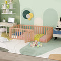 Queen Size Solid Wood Floor Bed Frame with Fence Rail and Door T50543