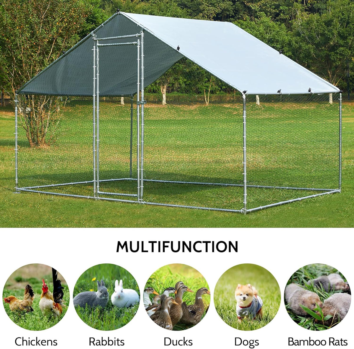 Metal Chicken Coop with Run Waterproof Cover Cage for Rabbits Cats Dogs D92452