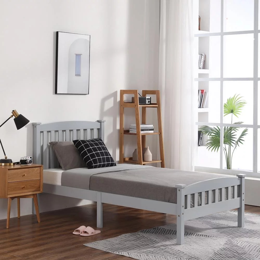 Gray Solid Pine Wood Twin Bed Frame with Headboard H987895