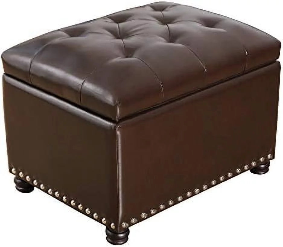 17.7" Brown Faux Leather Tufted Flip Top Ottoman Q400