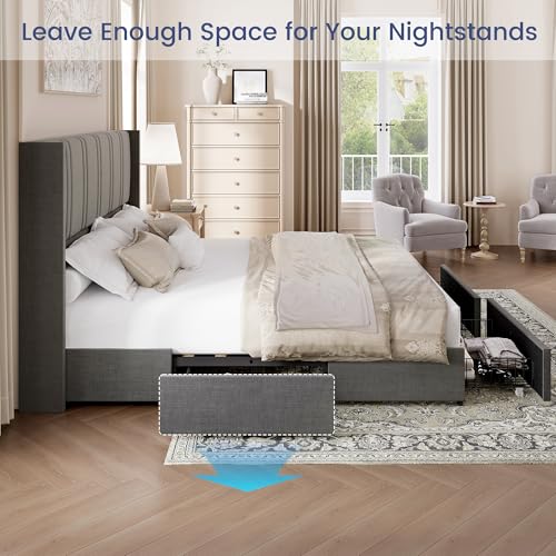 King Size Linen Upholstered Platform Bed Frame with 4 Storage Drawers W389470