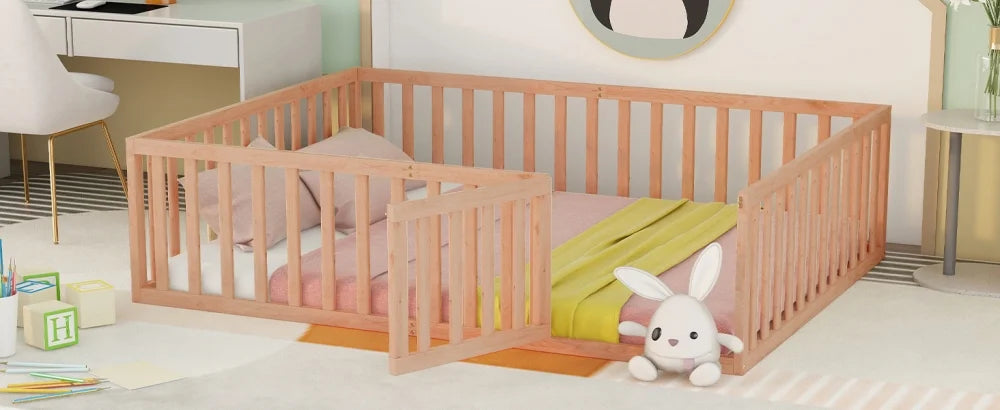 Queen Size Solid Wood Floor Bed Frame with Fence Rail and Door T50543