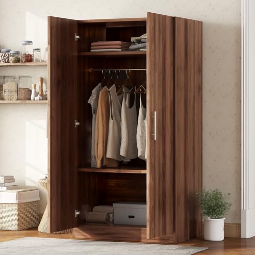 Brown Wooden Armoire Closet with 3-Shelves and Hanging Rail E972946