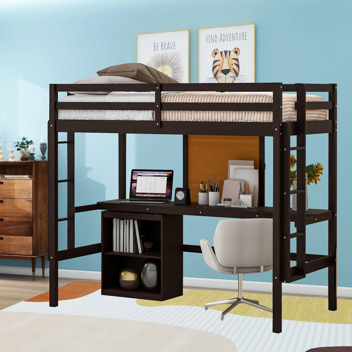 Twin Size Wooden Loft Bed with Desk and 2 Drawers H8006