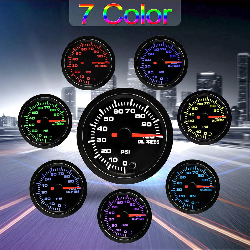 7 Color 100 PSI Oil Pressure Gauge Kit 52mm with Pressure Sensor Pack of 2 H4016