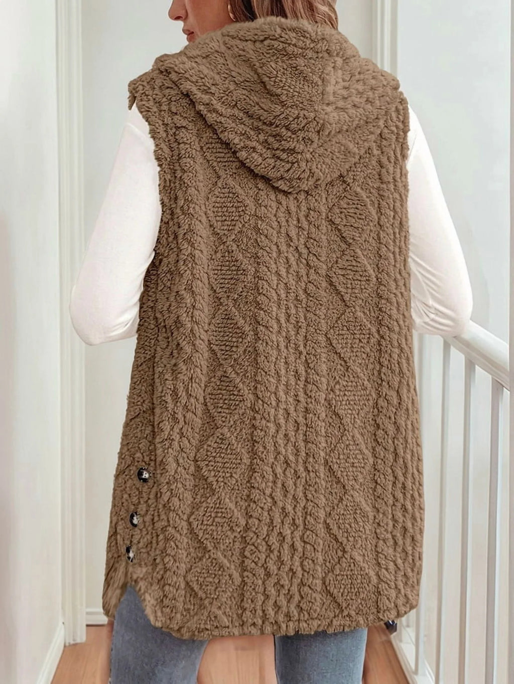 Oversized Fleece Hooded Cardigan Brown XL Y346331