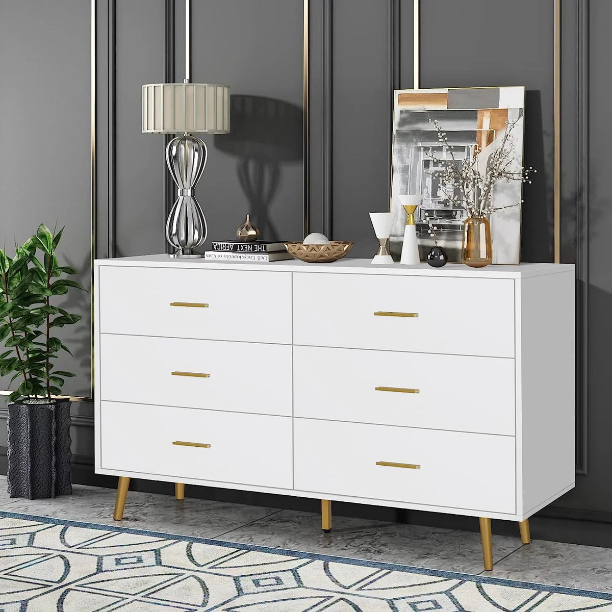 Wood 6 Drawer Dresser with Metal Handles Y9035