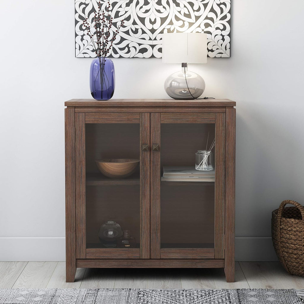 Solid Wood 30 inch Low Storage Cabinet with 2 Tempered Glass Doors and 2 Adjustable Shelves G6194