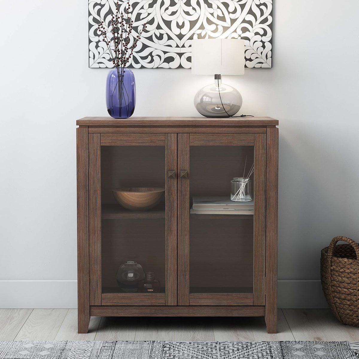 Solid Wood 30 inch Low Storage Cabinet with 2 Tempered Glass Doors and 2 Adjustable Shelves G6194