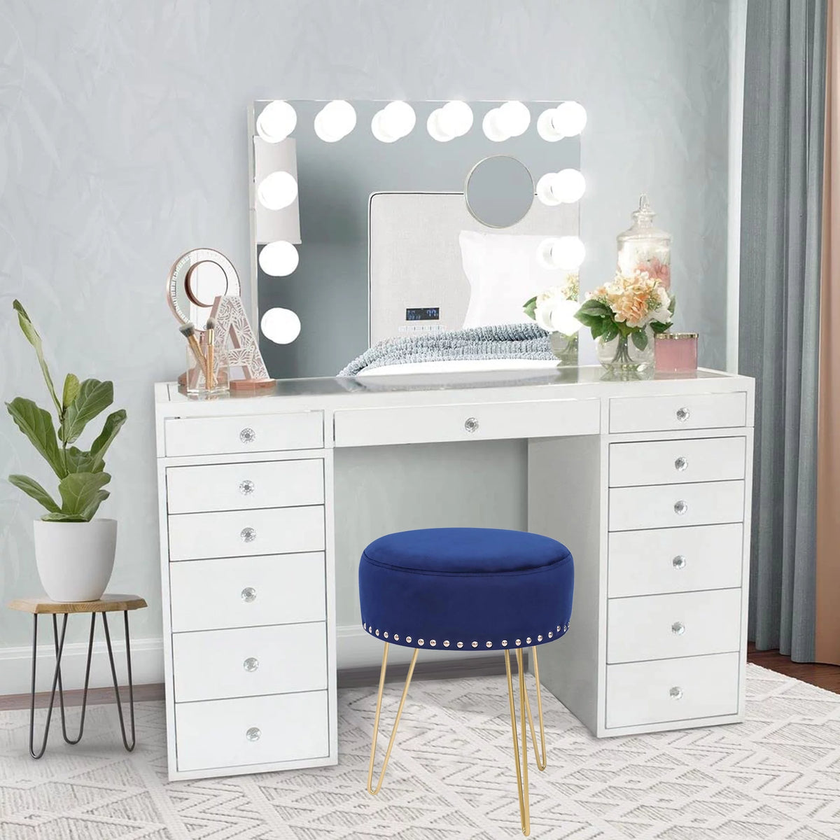 Round Modern Vanity Stool with Golden Metal Leg B354031