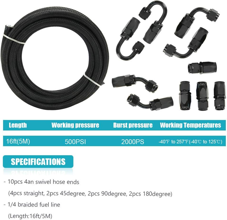 10FT 6 AN 3/8" Nylon Stainless Steel Braided PTFE E85 Fuel Line Fittings Kit with 6PCS Swivel Adapters Pack of 2 W59275
