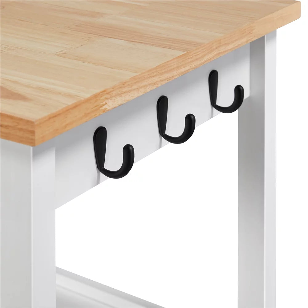 White Rolling Kitchen Island Cart with Wood Top W5978