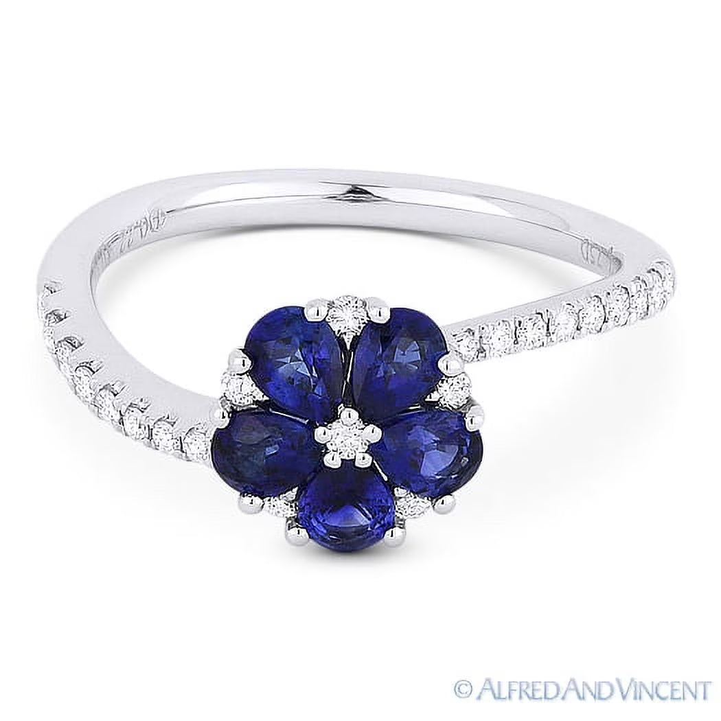 18k White Gold Sapphire Cluster Diamond Pave Flower Ring V325
