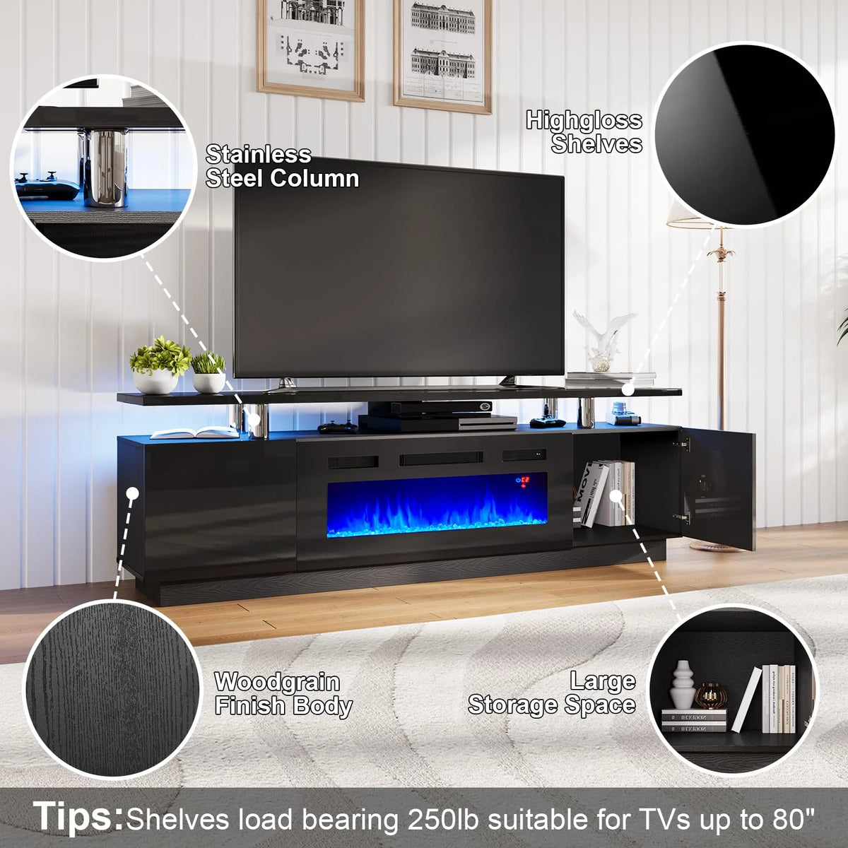 Black Entertainment Center with Fireplace and Bookcases M9459