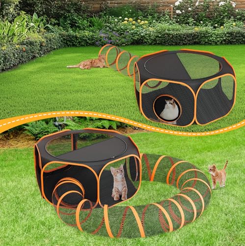 Portable Collapsible Cat Enclosure with Shade Cover 2 Tunnels Q381
