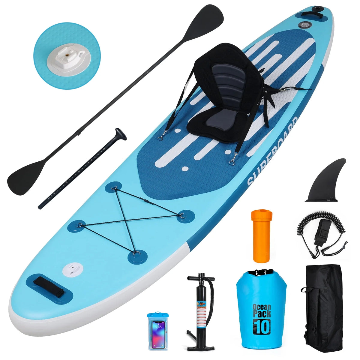 11 Ft Inflatable Stand Up Paddle Board and Sit-on Kayak Set, Non-Slip Deck SUP Paddle Board with SUP Accessories & Backpack, Blue M337