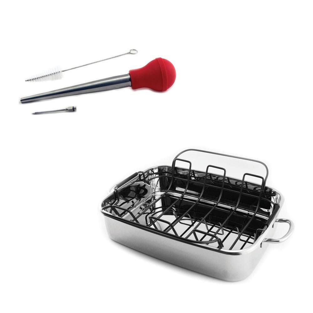 3PC Cast Covered Roast Pan Set with Turkey Baster and Injection Needle A593