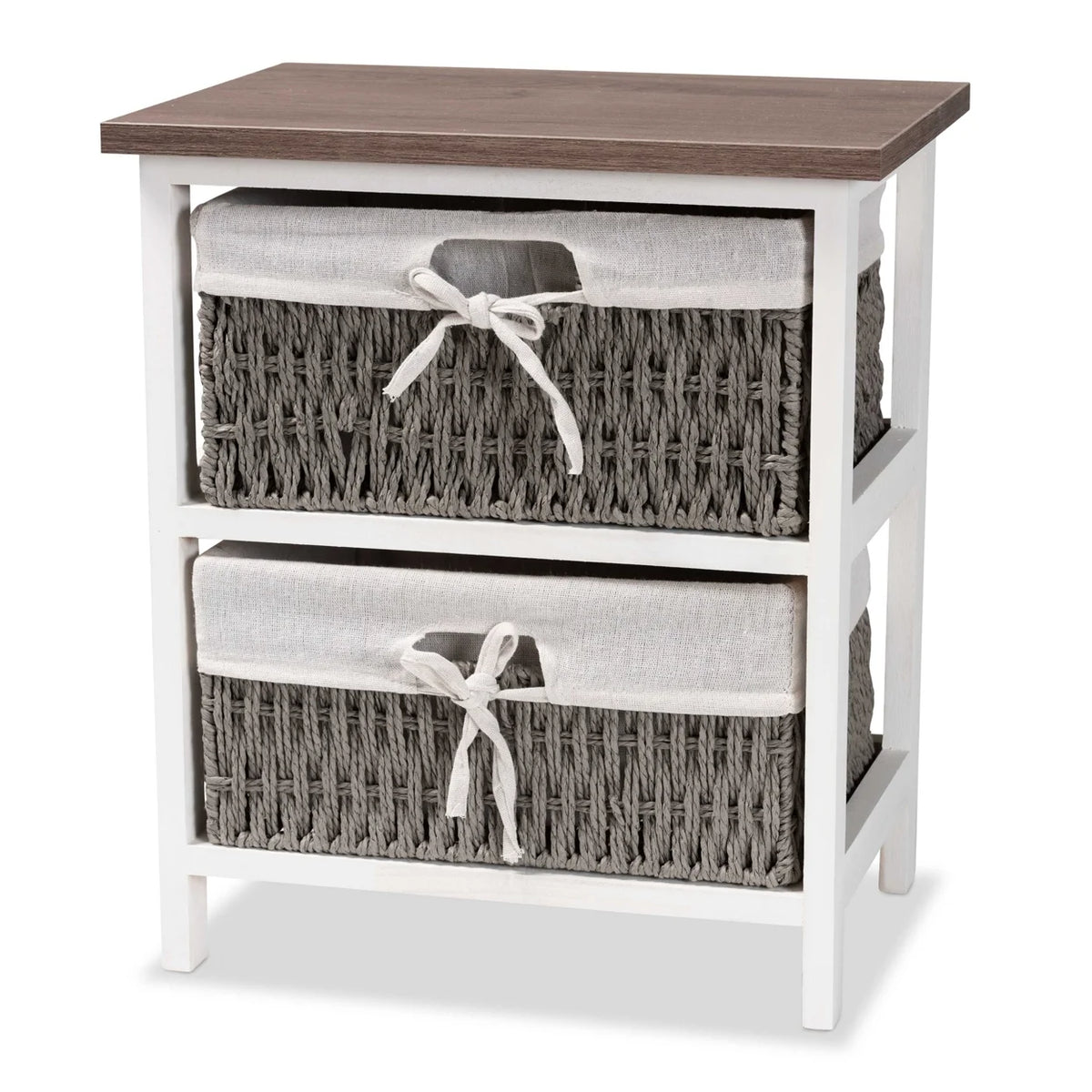 Walnut Brown and White Wood 2-Basket Storage Unit P84734