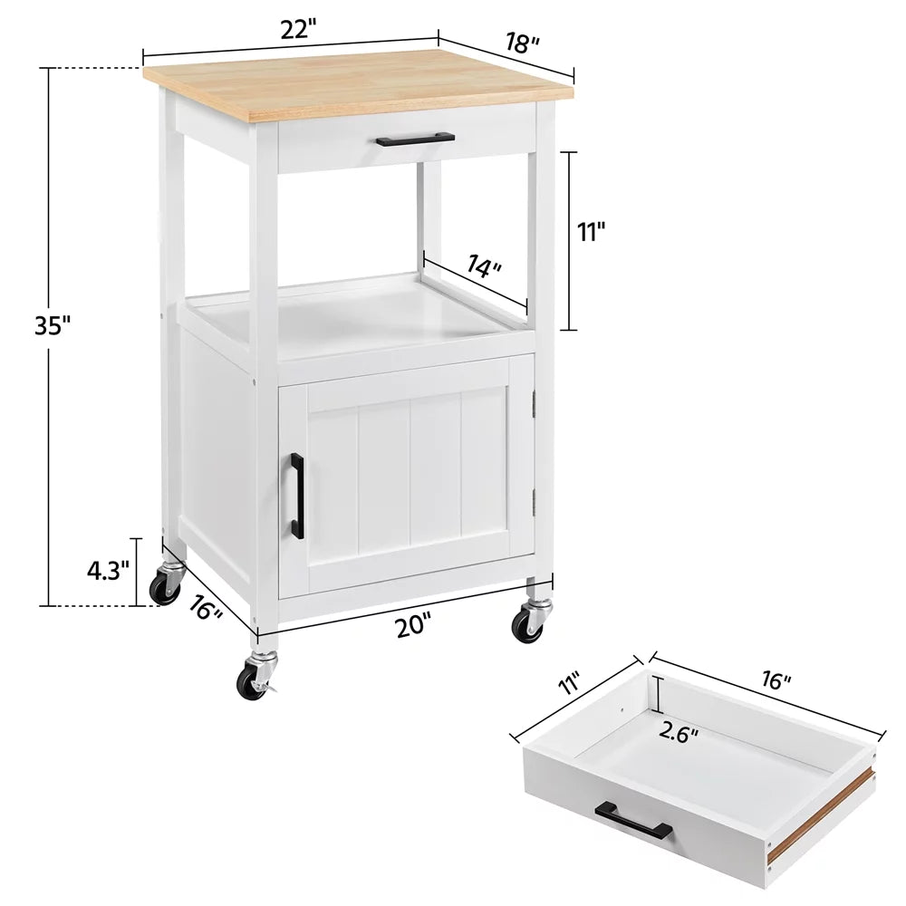 White Rolling Kitchen Island Cart with Wood Top W5978