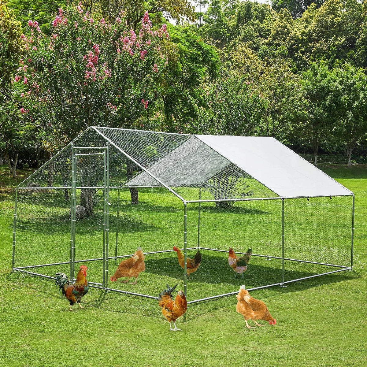 Metal Chicken Coop with Run Waterproof Cover Cage for Rabbits Cats Dogs D92452