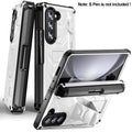 White Rugged Full Body Case with Built-in Glass Screen Protector Hinge Protection Hidden Kickstand Pen Slot Shockproof Armor Case U6242