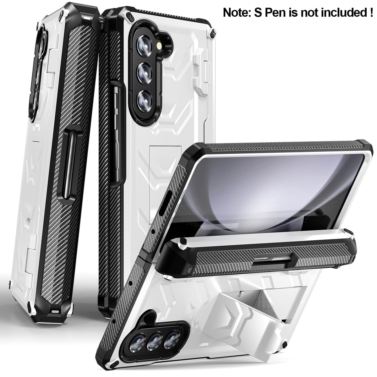 White Rugged Full Body Case with Built-in Glass Screen Protector Hinge Protection Hidden Kickstand Pen Slot Shockproof Armor Case U6242